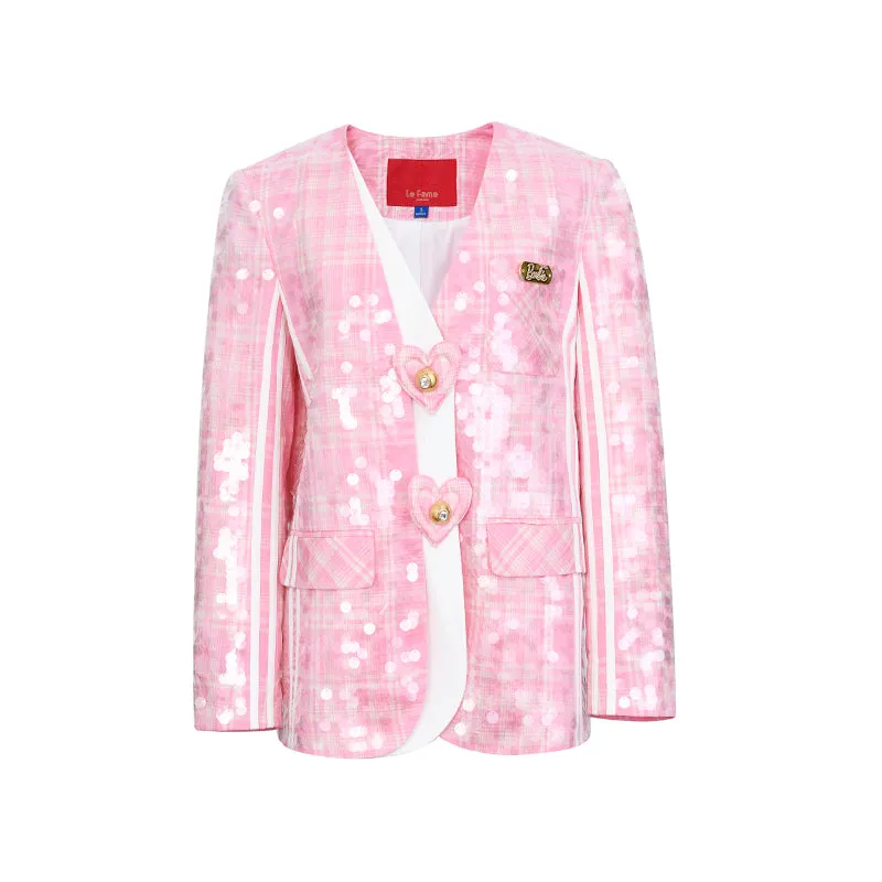 Barbie Pink Plaid sequin embroidered Love Heart Loose Fake Two Coats blazer jacket - Kendall