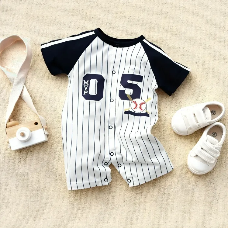 Baseball Jersey Striped Short Sleeve Cotton Onesie