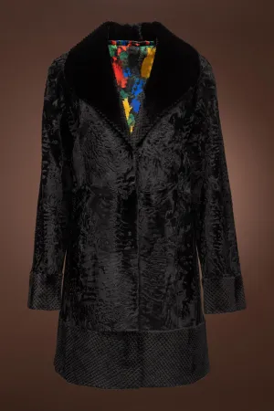 Black Broadtail & Pineapple Grooved Mid-Length Mink Fur Coat