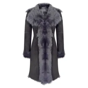 Black Grey 3/4 Length Ladies Suede Real Toscana Sheepskin Coat Tailored Fit