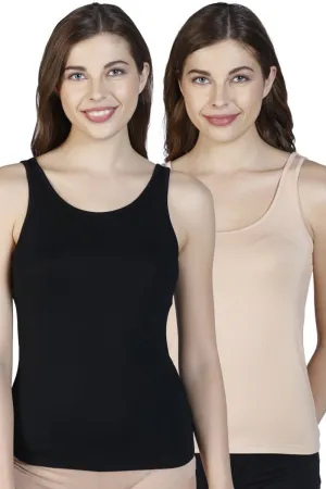 Broad Straps Body Hugging Modal Vest (Pack of 2) - Black-Nude