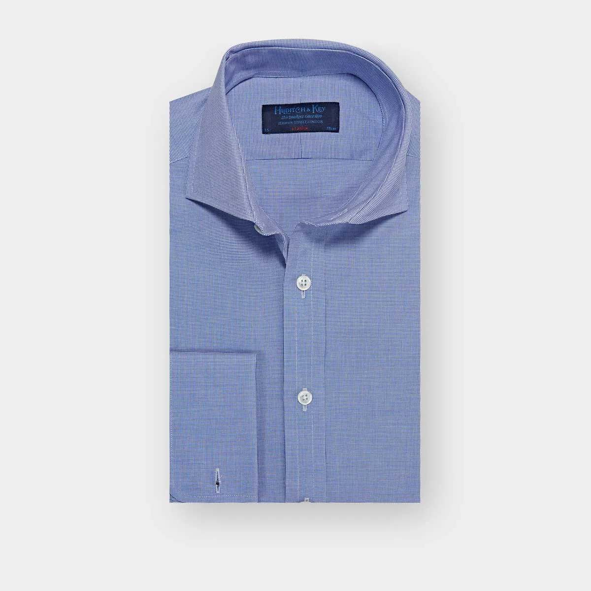 Classic Fit Navy Micro Houndstooth Cotton Shirt with Cut-away Collar & Double Cuff