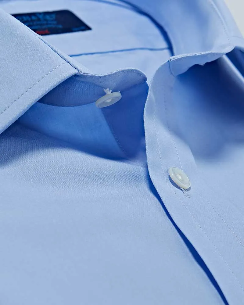 Classic Fit Plain Sky Blue Cotton Poplin Shirt with Classic Collar & Two Button Cuff