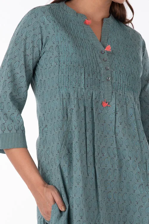 Dharan "Nisha Kurta" Turquoise Block Printed Kurta