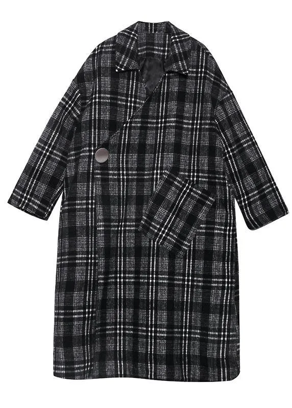 Elegant gray plaid Woolen Coat Women plus size Notched pockets long coats