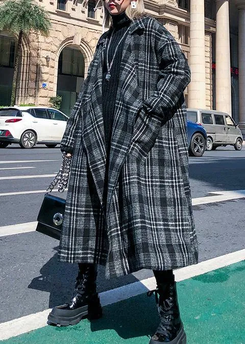 Elegant gray plaid Woolen Coat Women plus size Notched pockets long coats