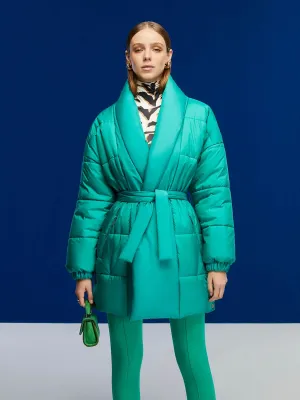 Elegant Oversized Belted Puffer Coat with Double-Breasted Closure