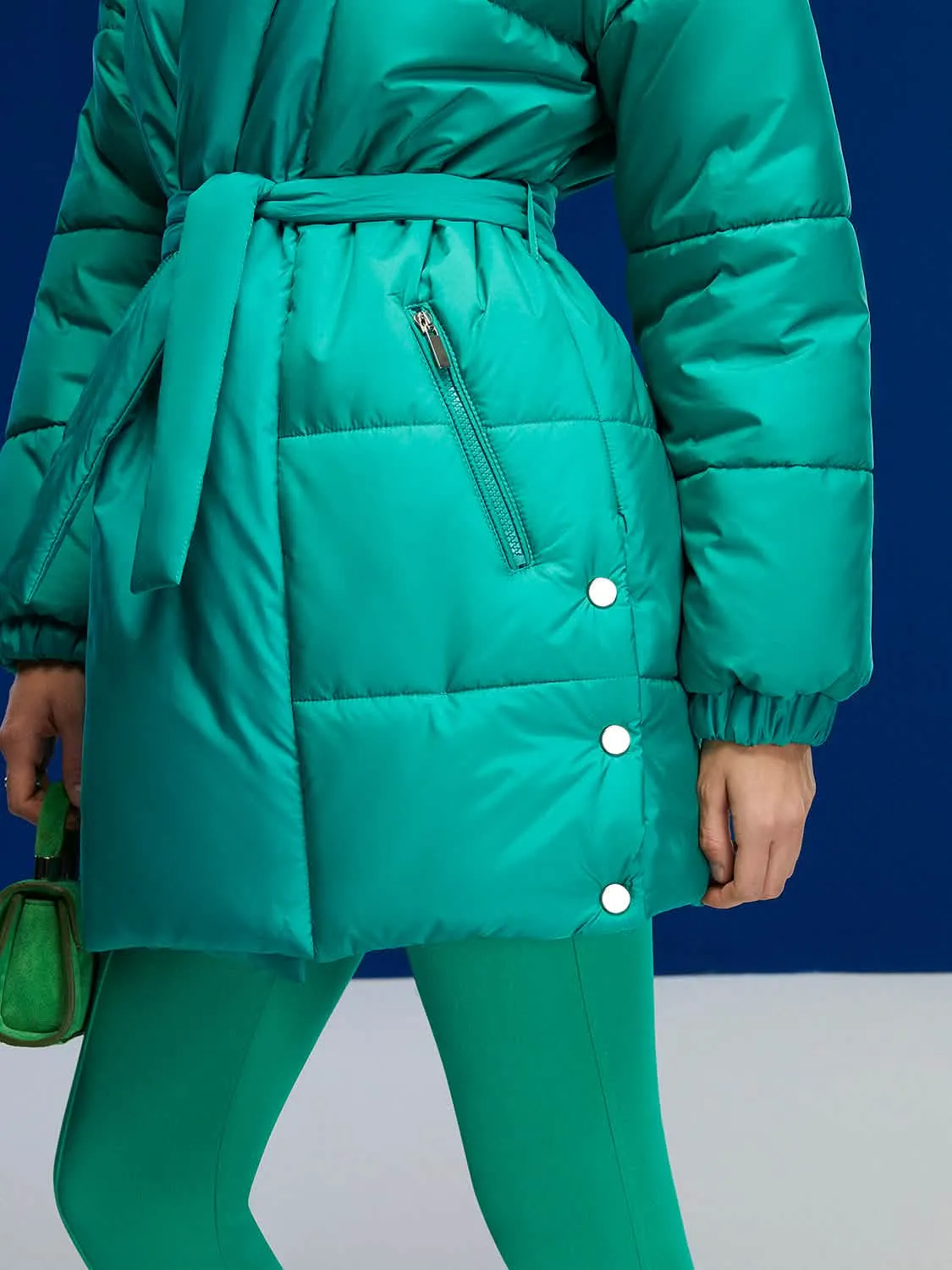 Elegant Oversized Belted Puffer Coat with Double-Breasted Closure