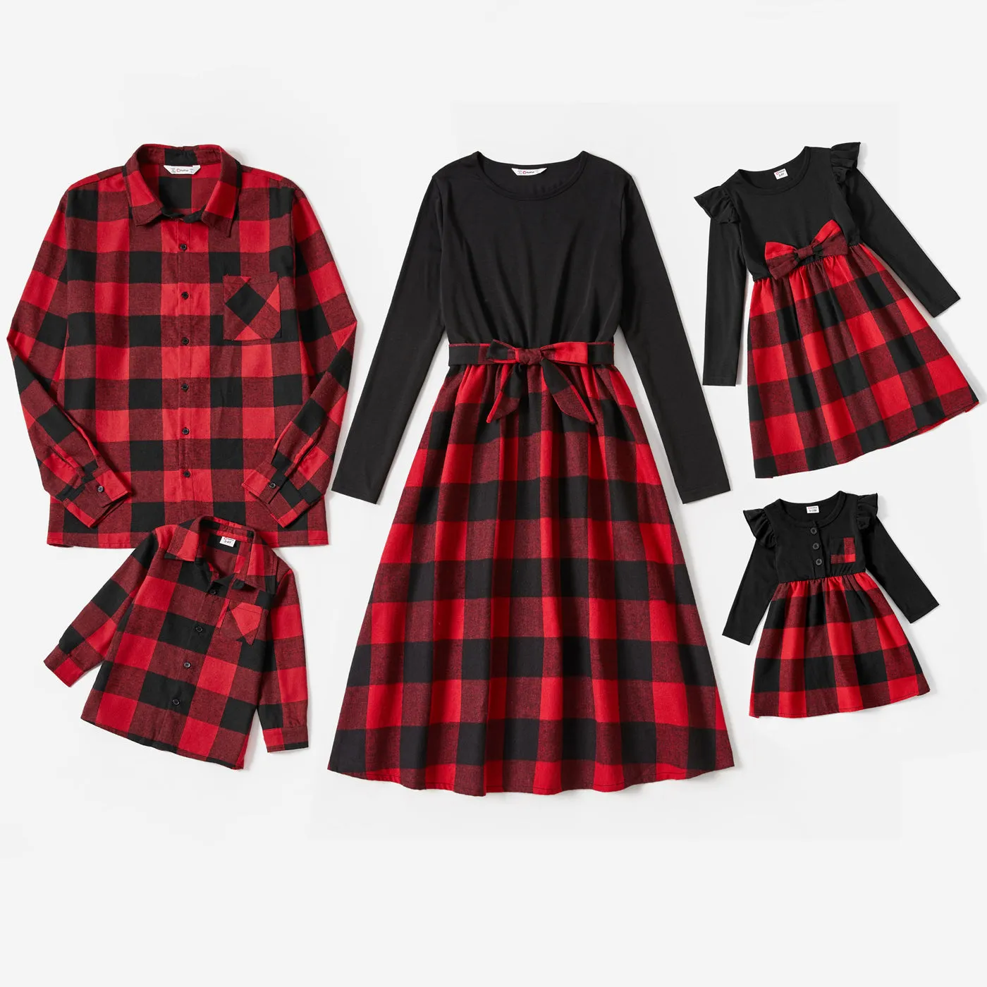 Family Matching Red Plaid Shirts and Black Long-Sleeve Splicing Red Plaid Dresses Sets