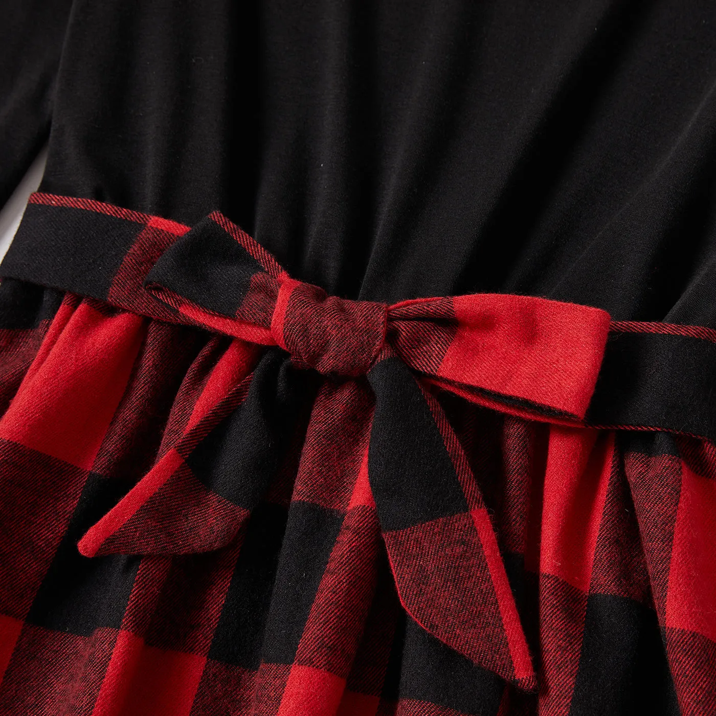 Family Matching Red Plaid Shirts and Black Long-Sleeve Splicing Red Plaid Dresses Sets