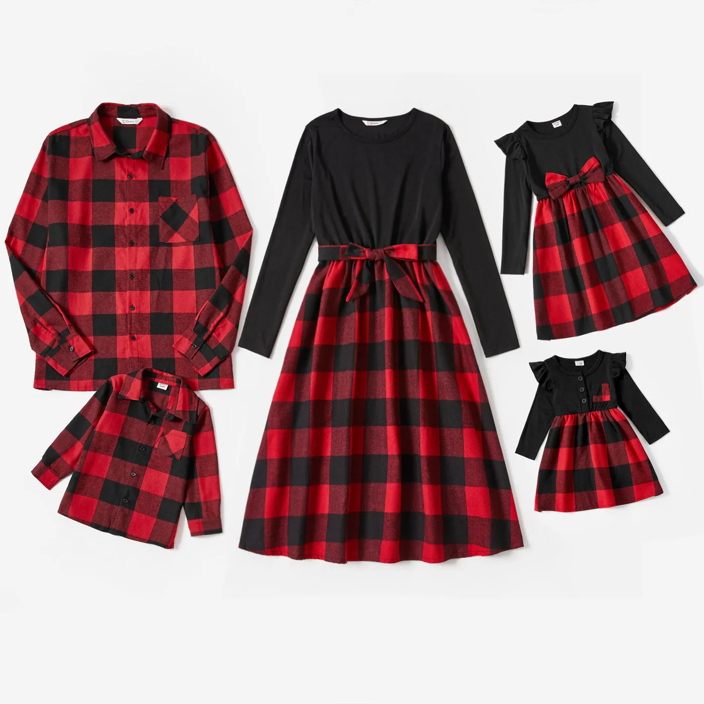 Family Matching Red Plaid Shirts and Black Long-Sleeve Splicing Red Plaid Dresses Sets