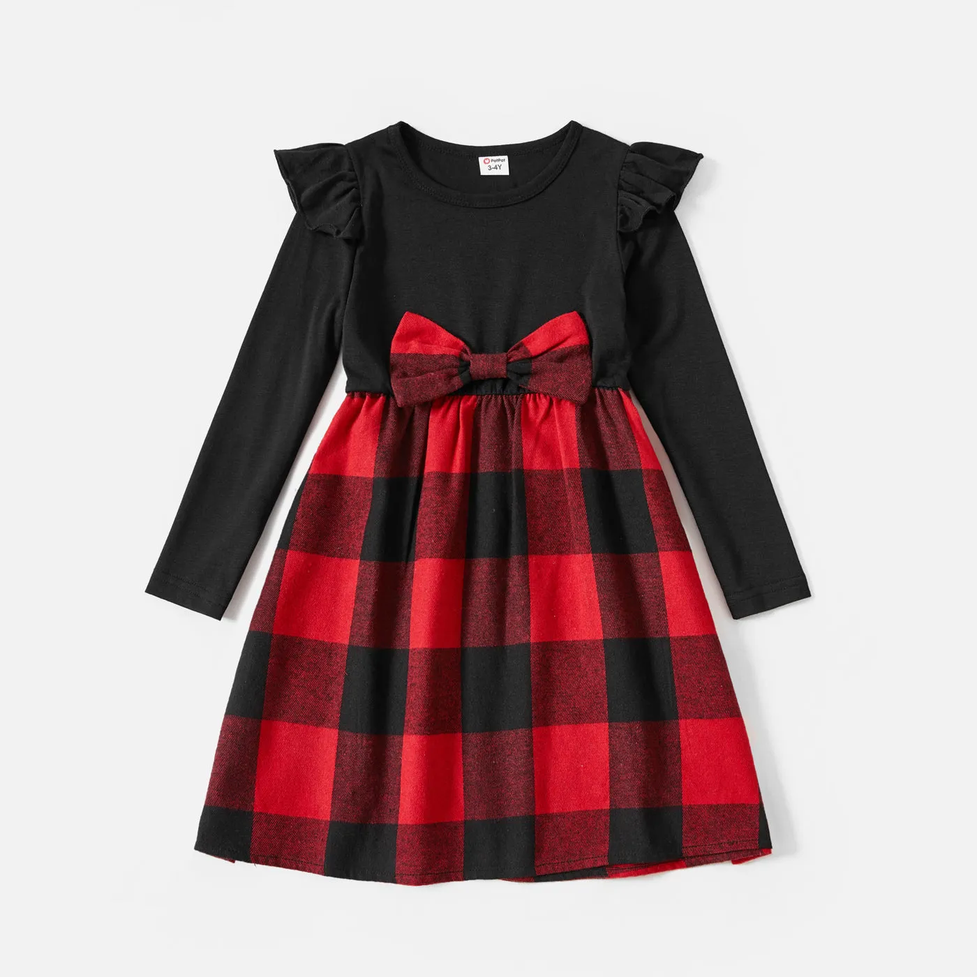 Family Matching Red Plaid Shirts and Black Long-Sleeve Splicing Red Plaid Dresses Sets