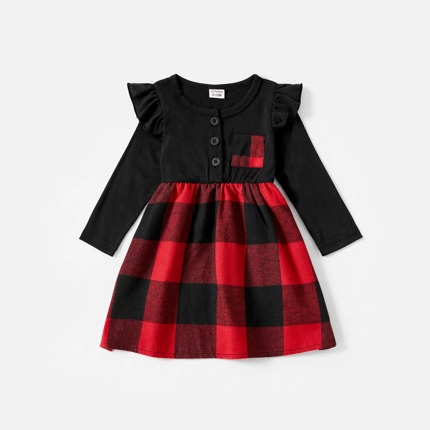 Family Matching Red Plaid Shirts and Black Long-Sleeve Splicing Red Plaid Dresses Sets