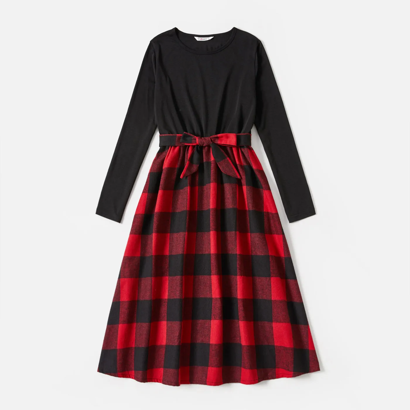 Family Matching Red Plaid Shirts and Black Long-Sleeve Splicing Red Plaid Dresses Sets