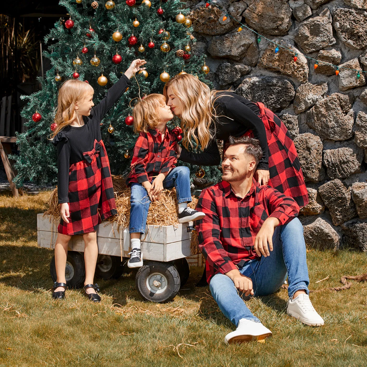 Family Matching Red Plaid Shirts and Black Long-Sleeve Splicing Red Plaid Dresses Sets