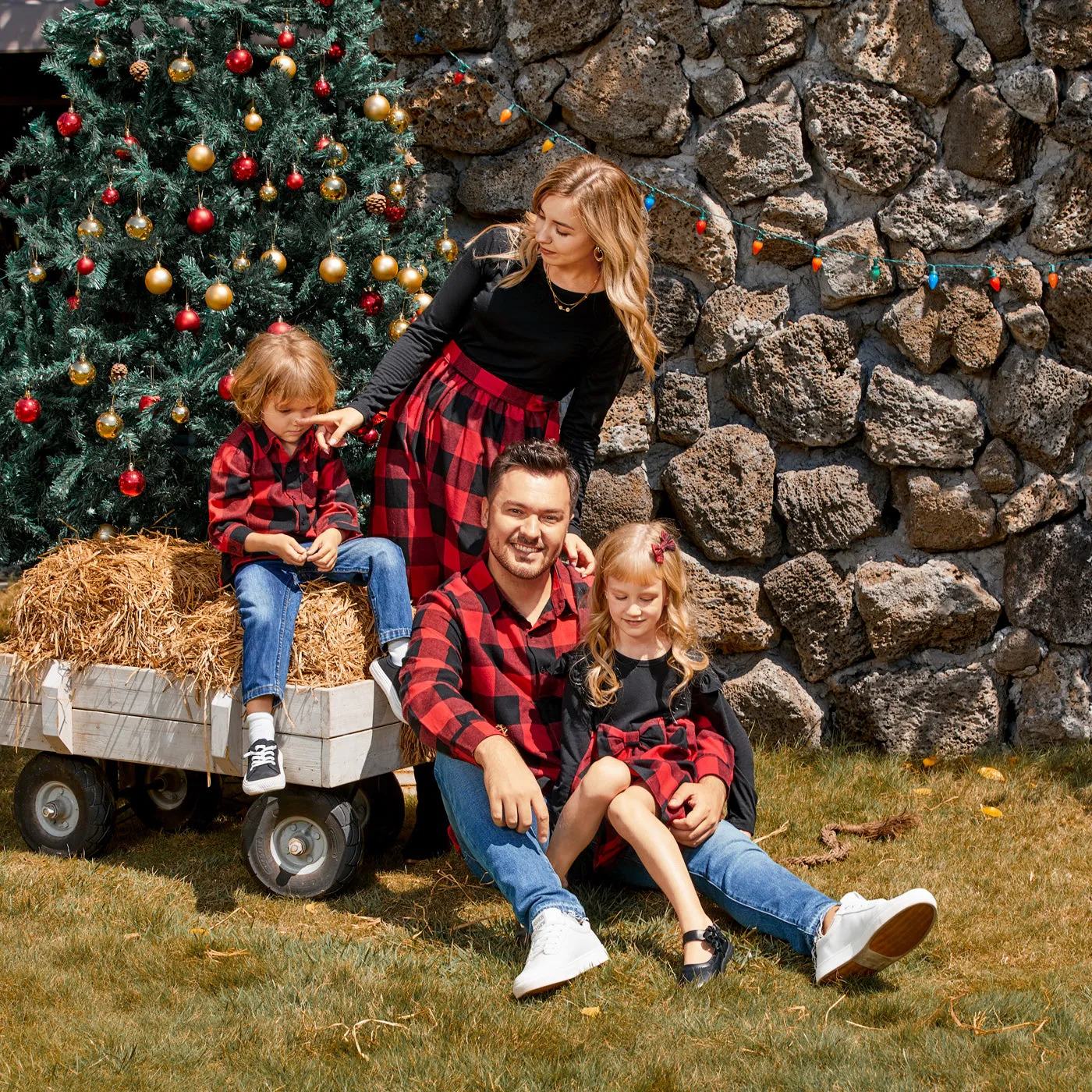 Family Matching Red Plaid Shirts and Black Long-Sleeve Splicing Red Plaid Dresses Sets