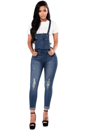 Fashion Dark Blue Denim Laidback Distressed Women's Overalls