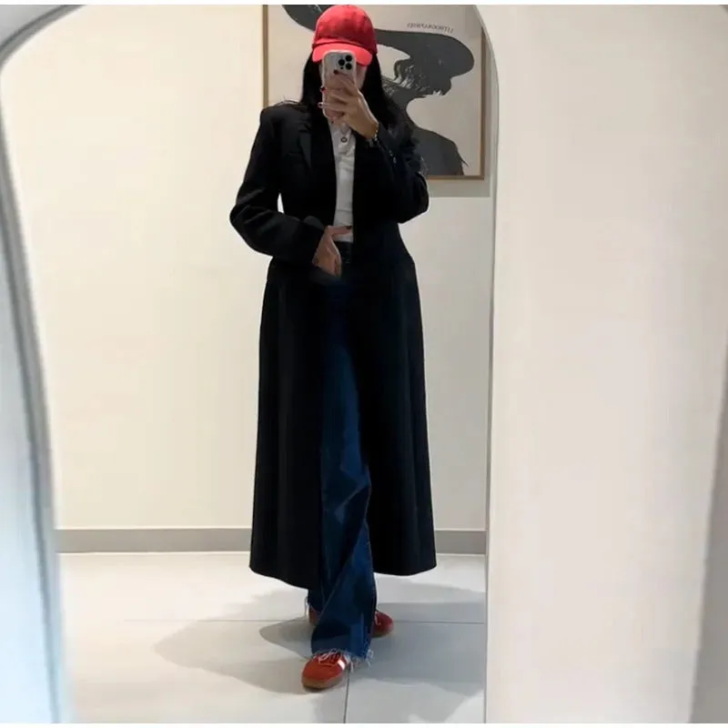 Fashion Elegant Retro Solid Color Women's Coat Casual Turndown Collar Single Breasted Long Coats Women Winter Windproof Overcoat