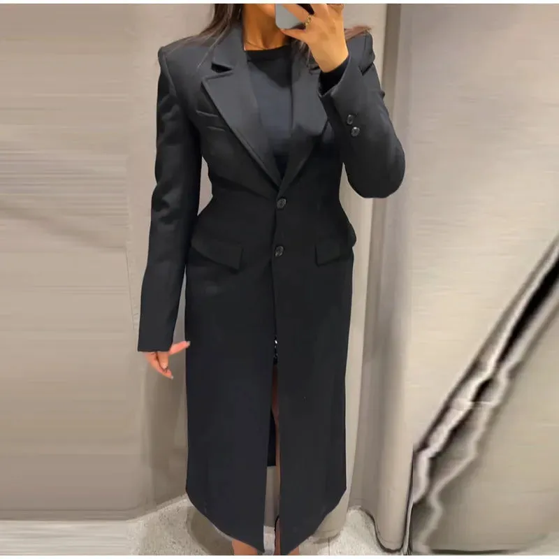 Fashion Elegant Retro Solid Color Women's Coat Casual Turndown Collar Single Breasted Long Coats Women Winter Windproof Overcoat