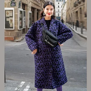 Fashion purple Leopard coats oversize Notched outwear Elegant pockets wool jackets