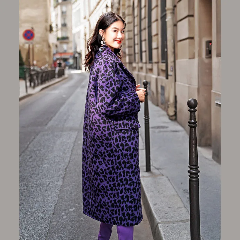 Fashion purple Leopard coats oversize Notched outwear Elegant pockets wool jackets