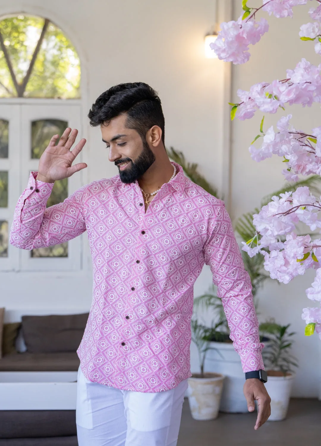 Firangi Yarn Super Soft Full Sleeves Chikankari Schiffli Embroided Men's Shirt Pink with White Embroidery