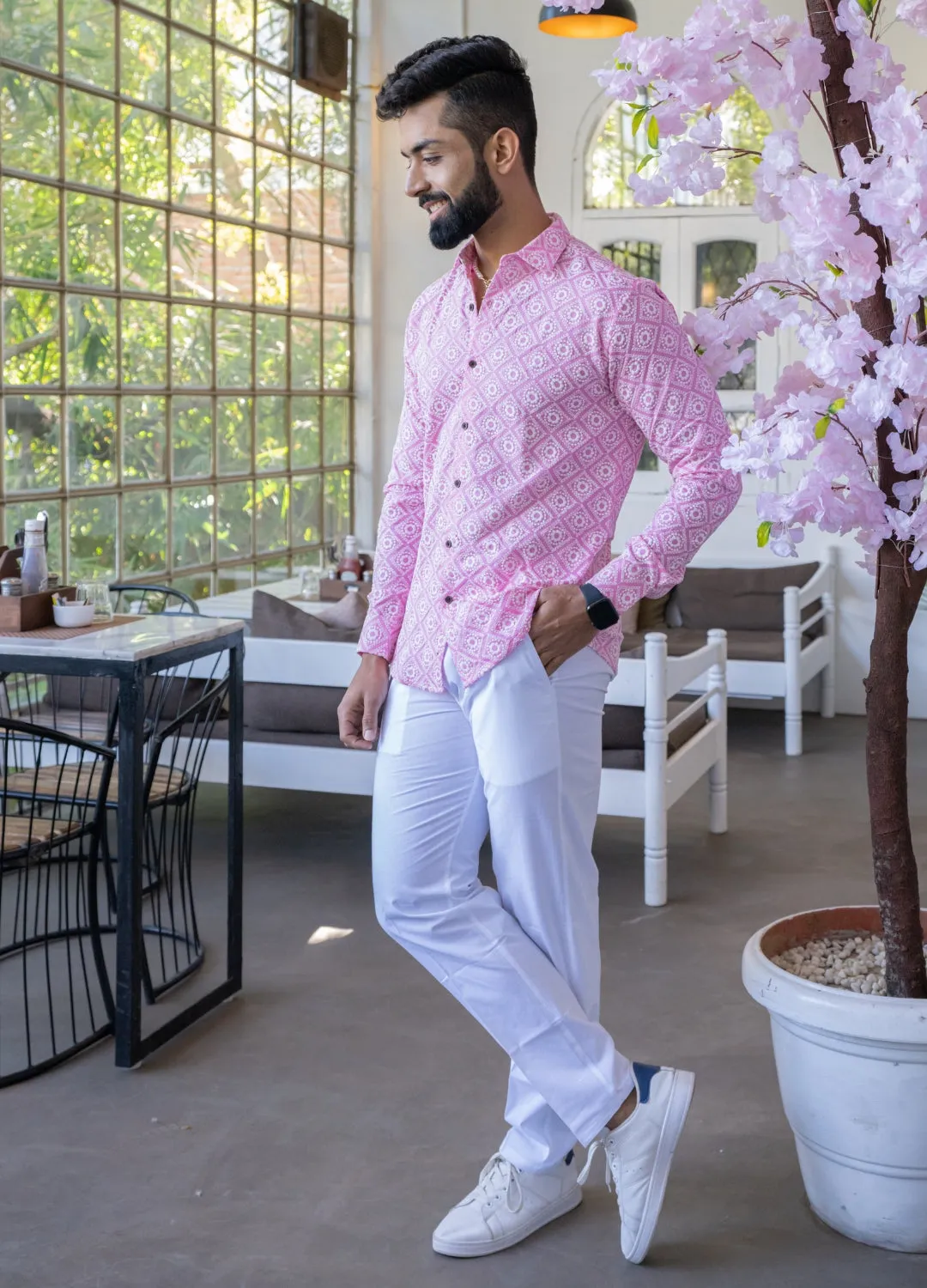 Firangi Yarn Super Soft Full Sleeves Chikankari Schiffli Embroided Men's Shirt Pink with White Embroidery