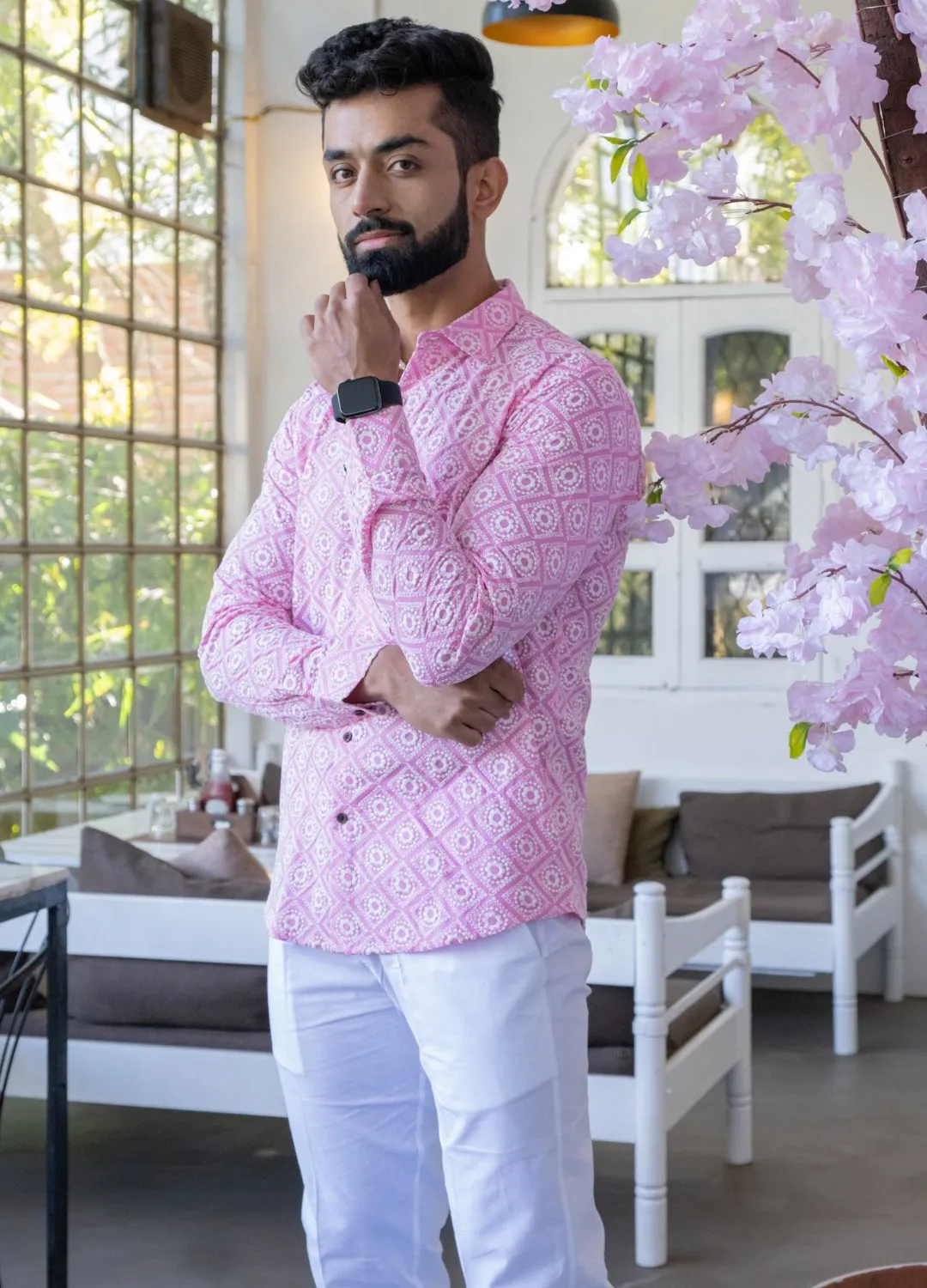 Firangi Yarn Super Soft Full Sleeves Chikankari Schiffli Embroided Men's Shirt Pink with White Embroidery