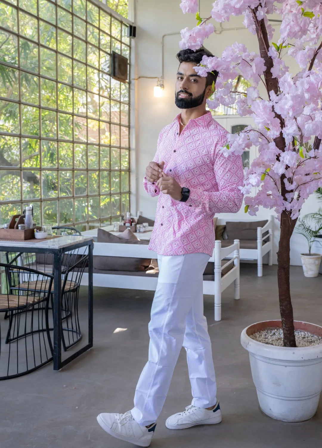 Firangi Yarn Super Soft Full Sleeves Chikankari Schiffli Embroided Men's Shirt Pink with White Embroidery