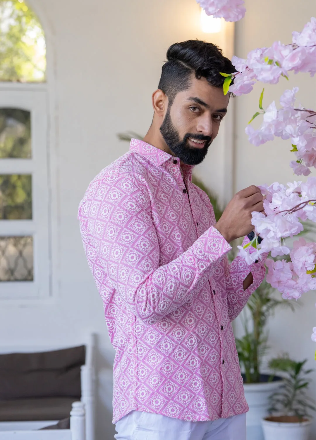 Firangi Yarn Super Soft Full Sleeves Chikankari Schiffli Embroided Men's Shirt Pink with White Embroidery