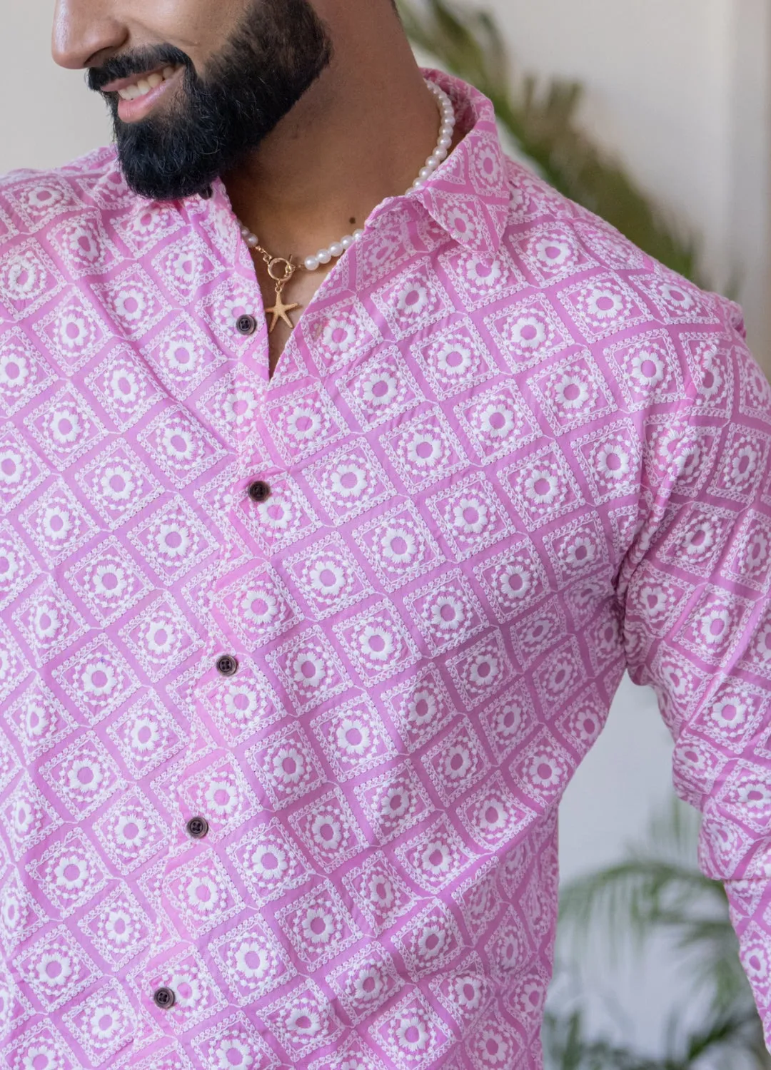 Firangi Yarn Super Soft Full Sleeves Chikankari Schiffli Embroided Men's Shirt Pink with White Embroidery