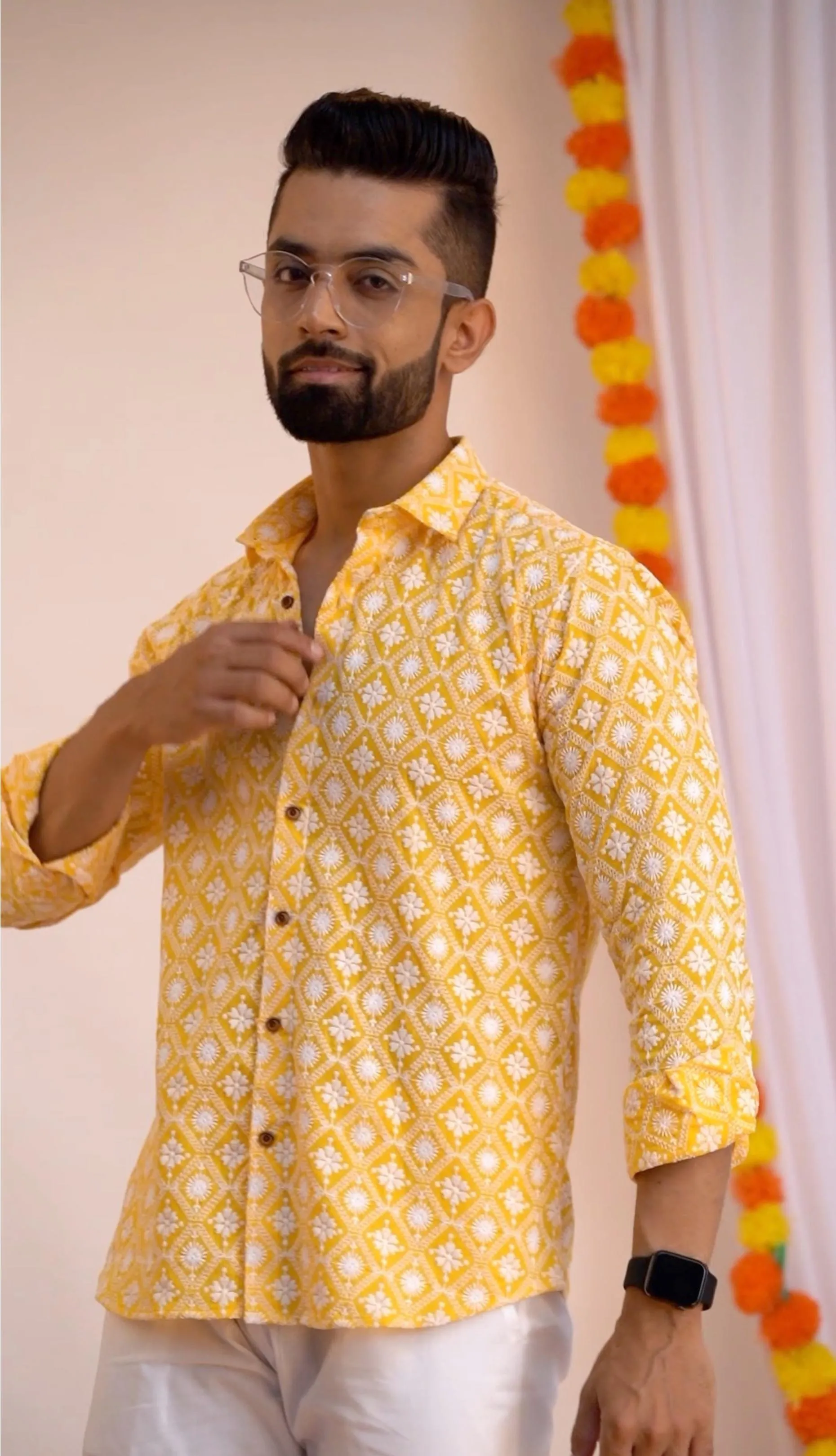 Firangi Yarn Super Soft Full Sleeves Chikankari Schiffli Embroided Men's Shirt- Yellow