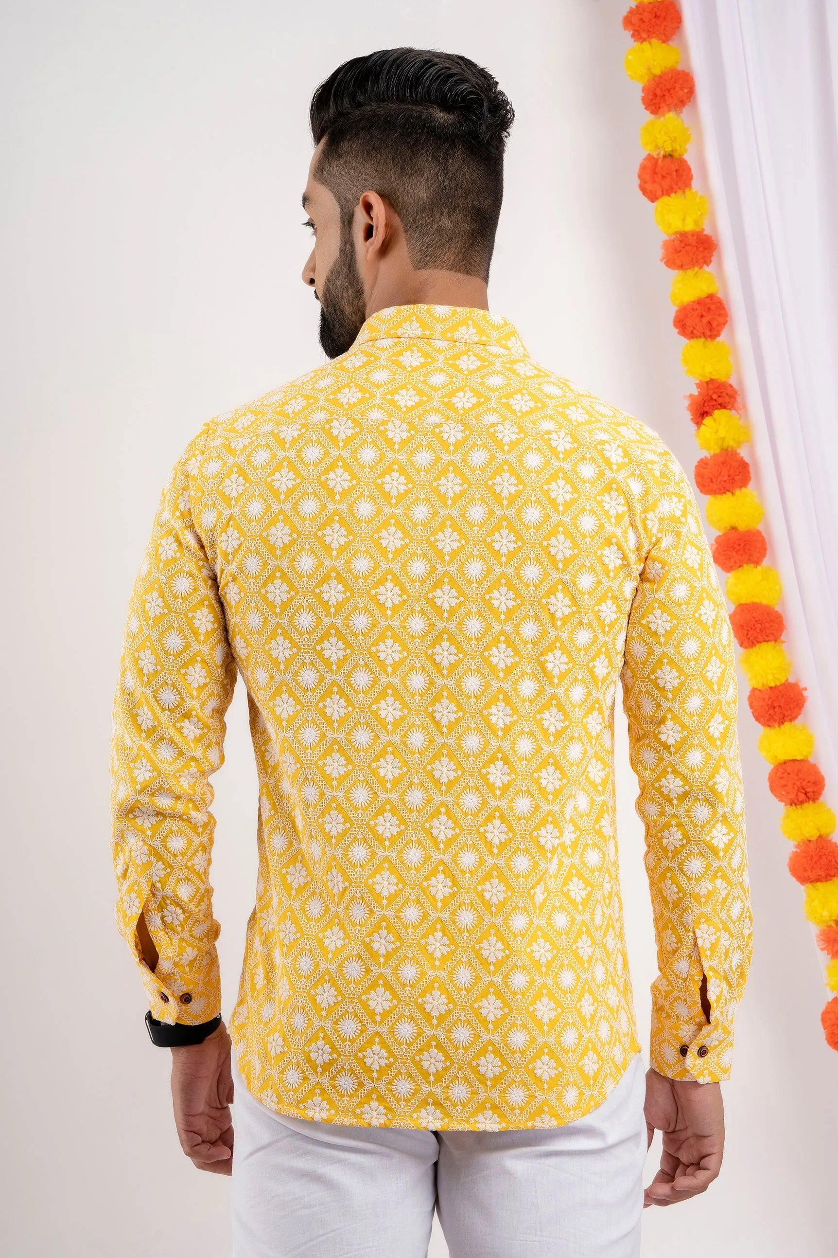 Firangi Yarn Super Soft Full Sleeves Chikankari Schiffli Embroided Men's Shirt- Yellow