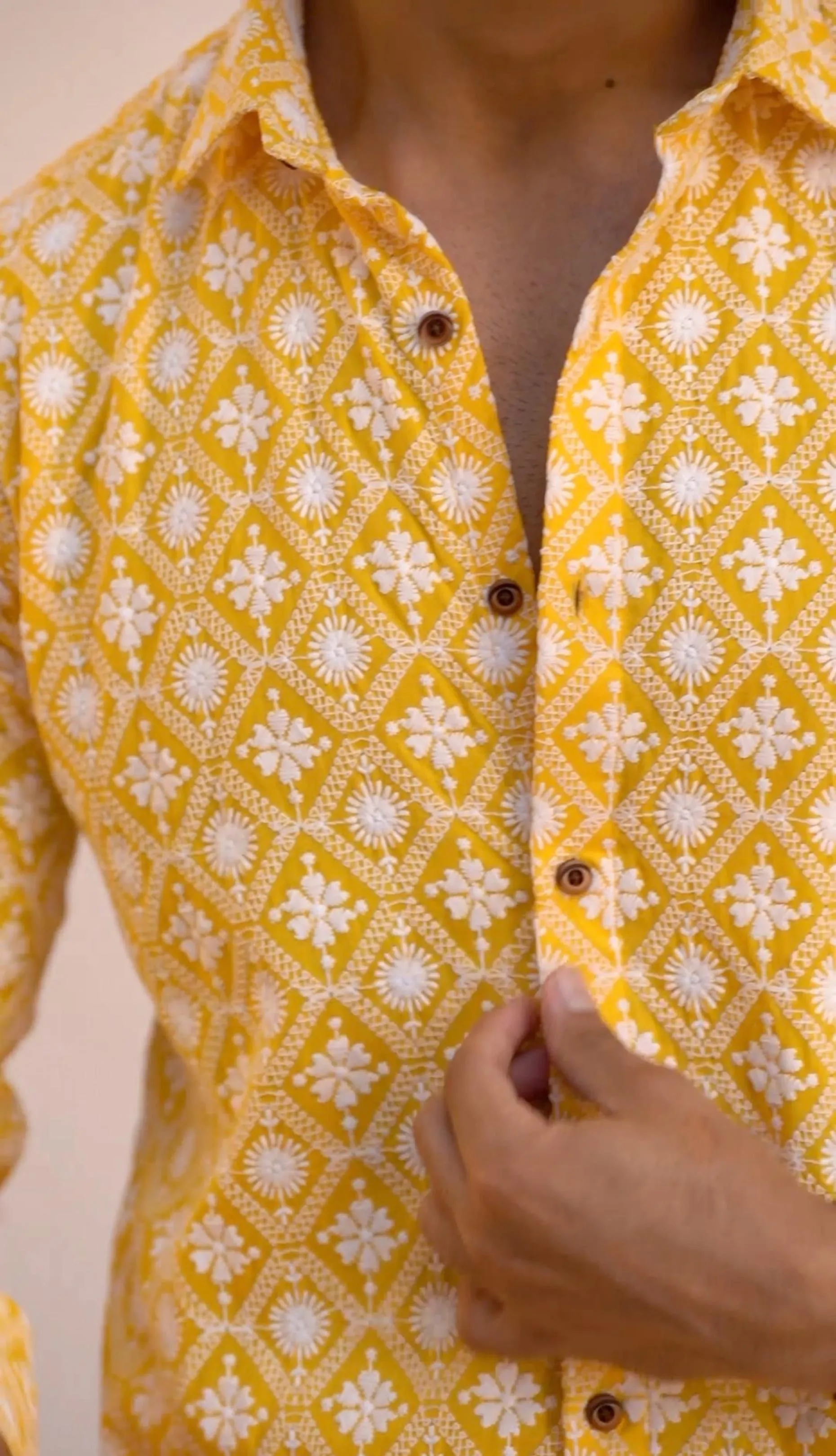 Firangi Yarn Super Soft Full Sleeves Chikankari Schiffli Embroided Men's Shirt- Yellow