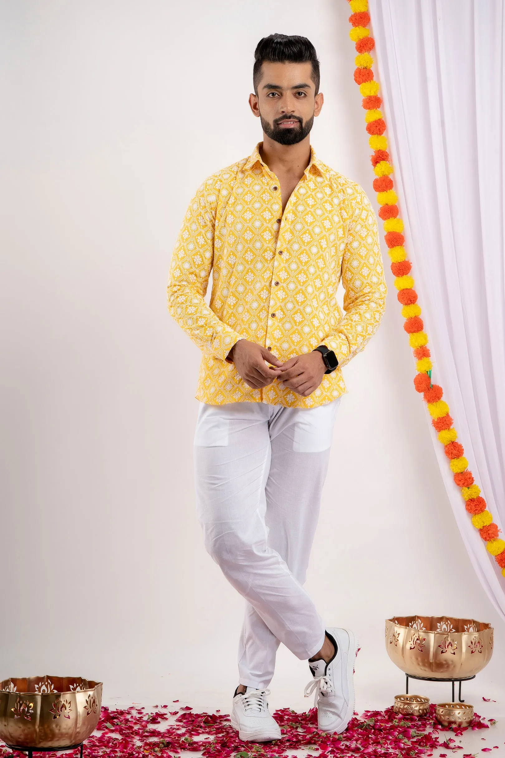 Firangi Yarn Super Soft Full Sleeves Chikankari Schiffli Embroided Men's Shirt- Yellow