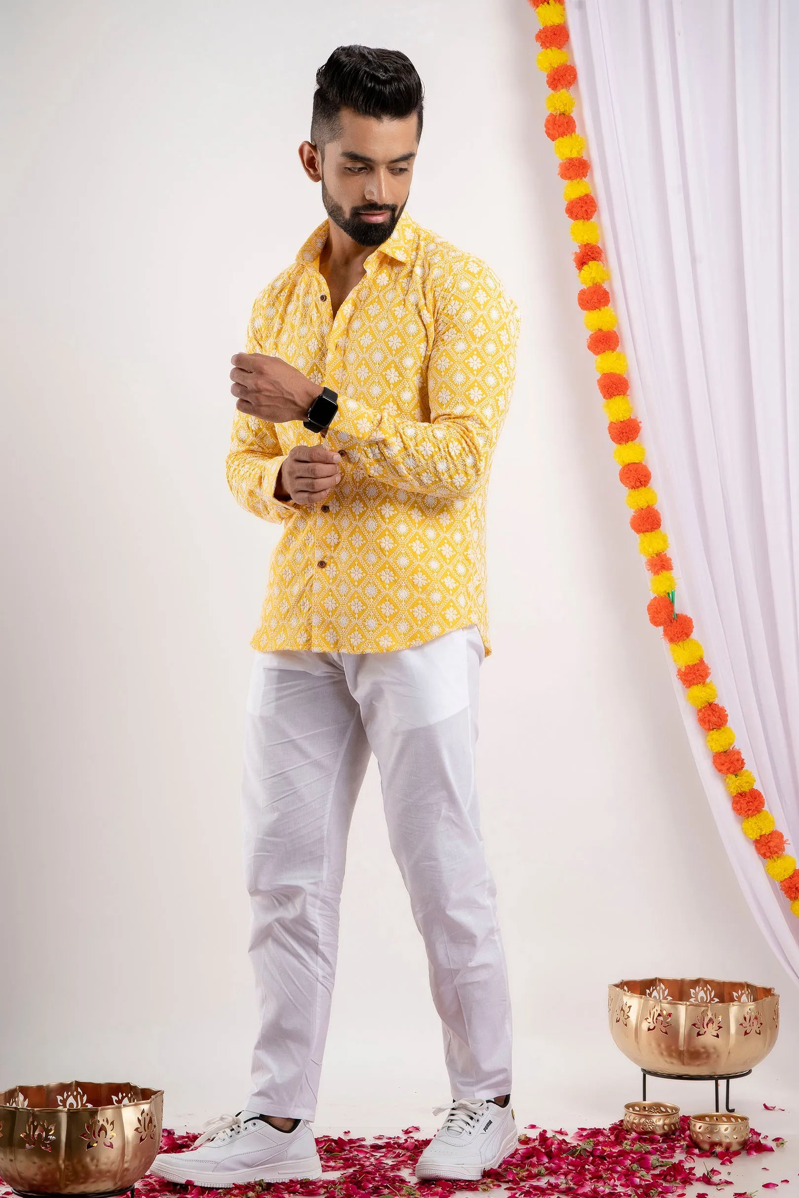 Firangi Yarn Super Soft Full Sleeves Chikankari Schiffli Embroided Men's Shirt- Yellow