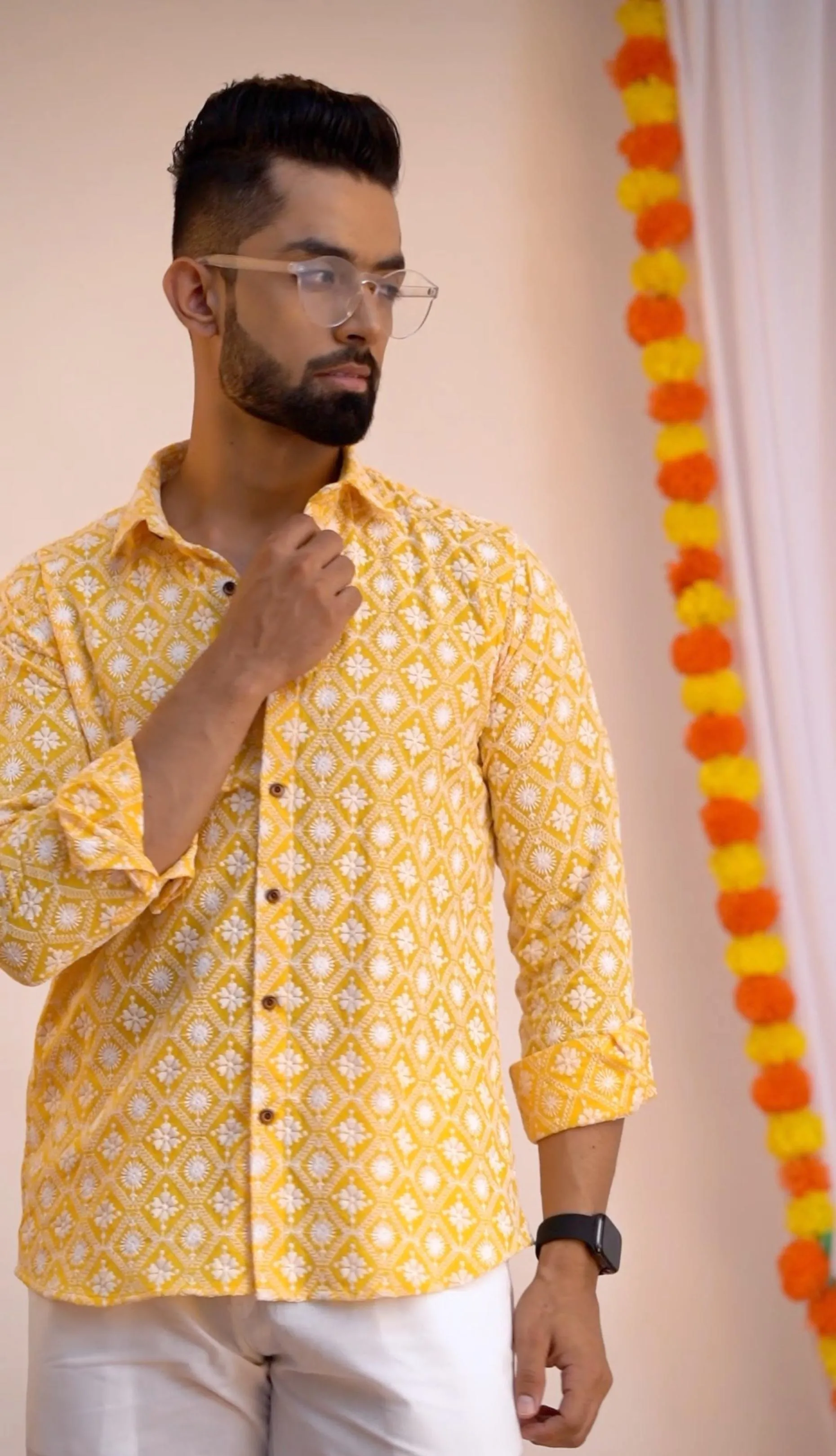 Firangi Yarn Super Soft Full Sleeves Chikankari Schiffli Embroided Men's Shirt- Yellow