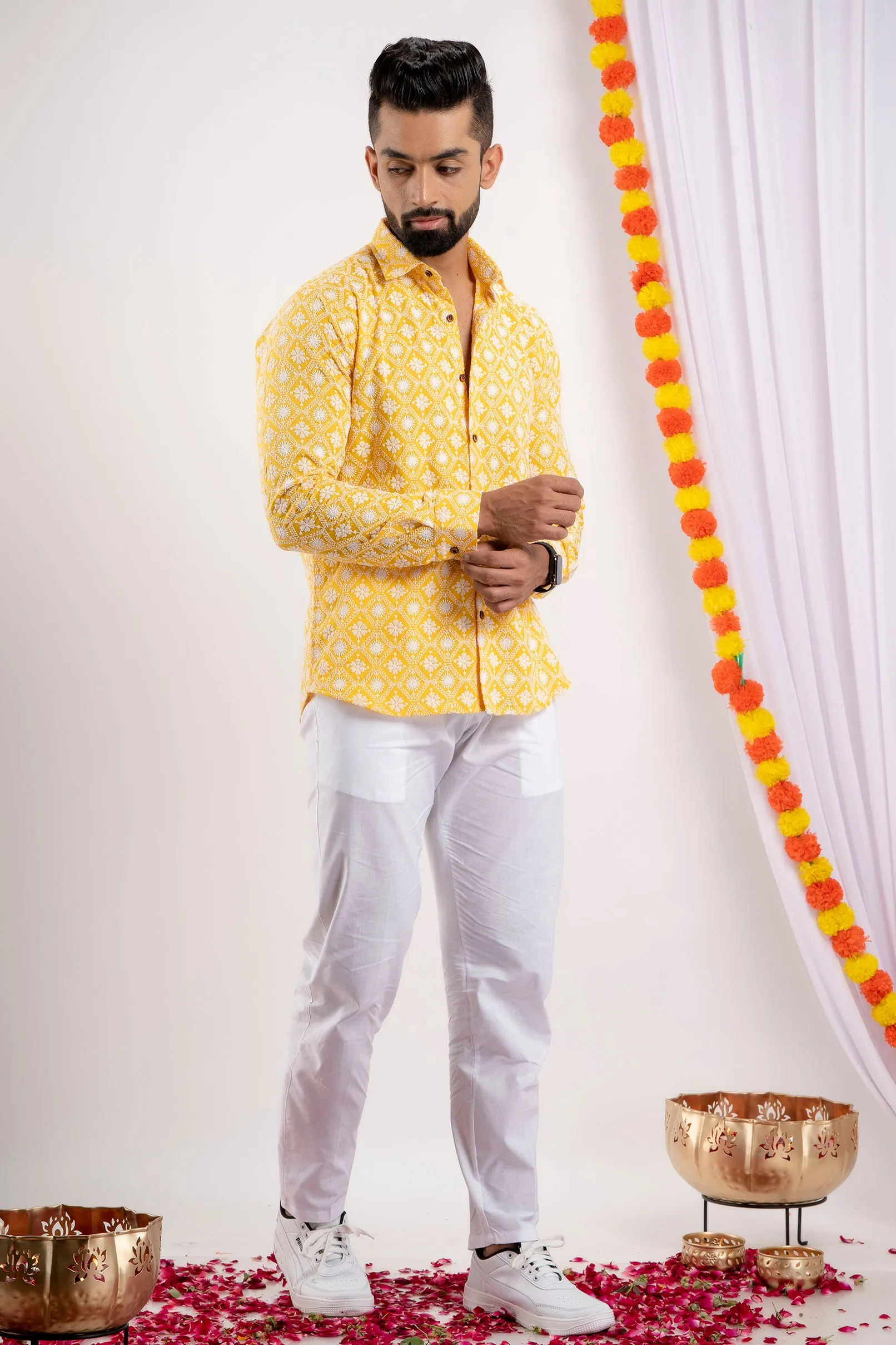 Firangi Yarn Super Soft Full Sleeves Chikankari Schiffli Embroided Men's Shirt- Yellow