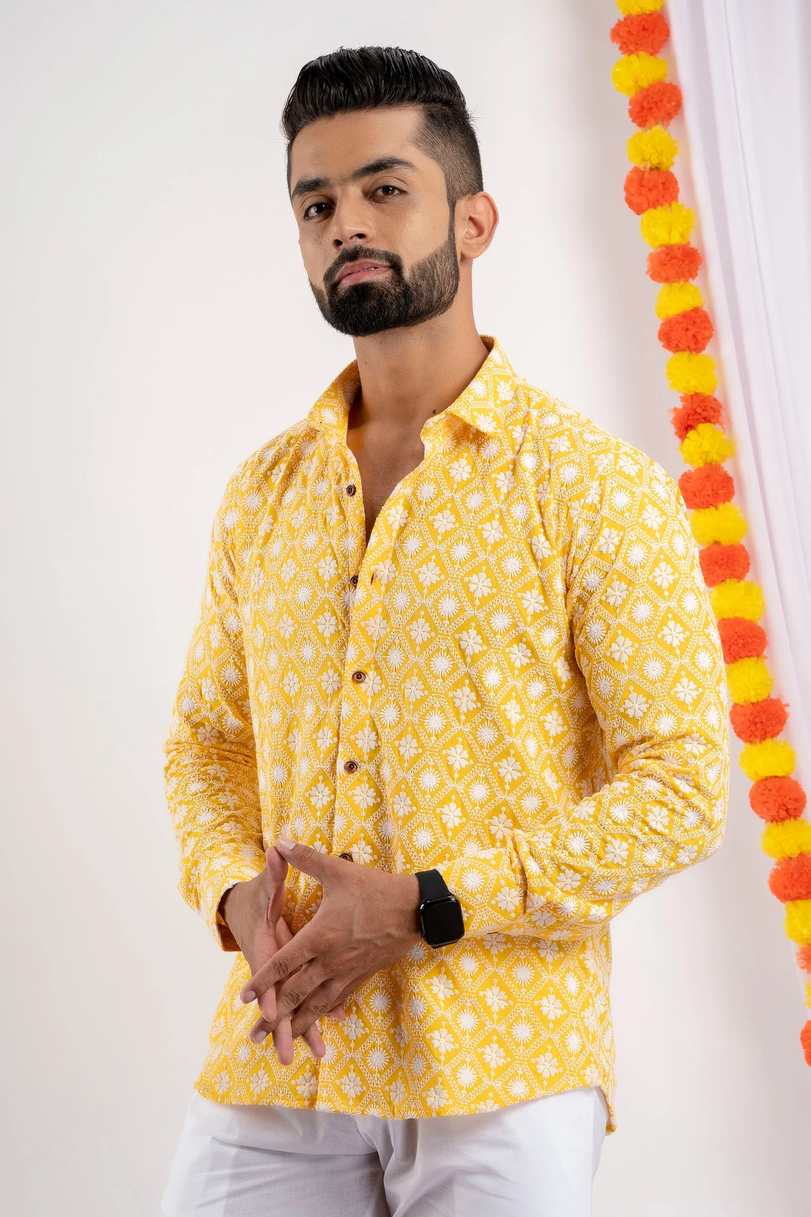 Firangi Yarn Super Soft Full Sleeves Chikankari Schiffli Embroided Men's Shirt- Yellow