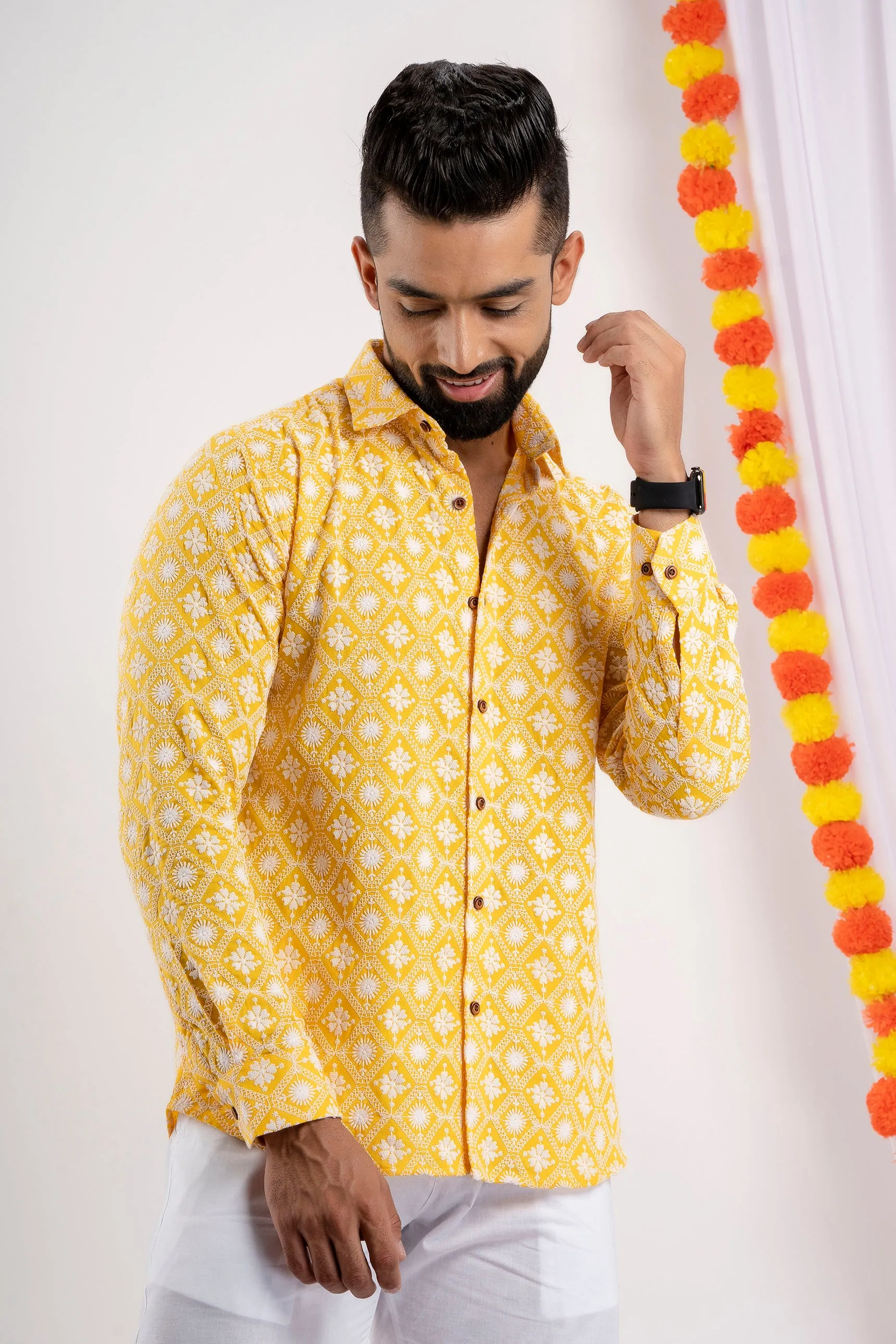 Firangi Yarn Super Soft Full Sleeves Chikankari Schiffli Embroided Men's Shirt- Yellow