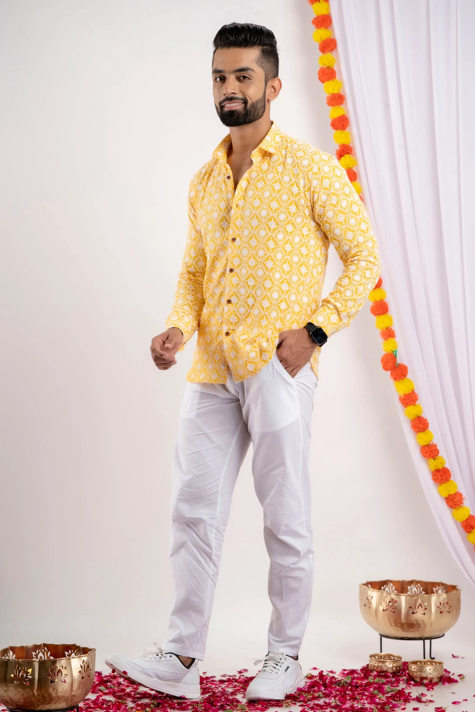 Firangi Yarn Super Soft Full Sleeves Chikankari Schiffli Embroided Men's Shirt- Yellow