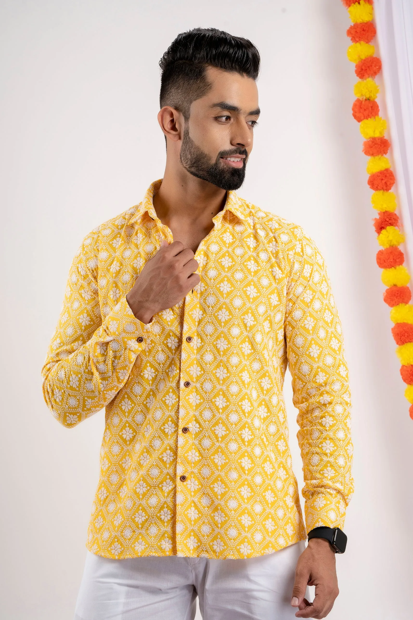 Firangi Yarn Super Soft Full Sleeves Chikankari Schiffli Embroided Men's Shirt- Yellow