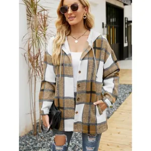 Flannel Shirts for Women Button Down Plaid Shirt Hooded Shacket Jacket with Pocket