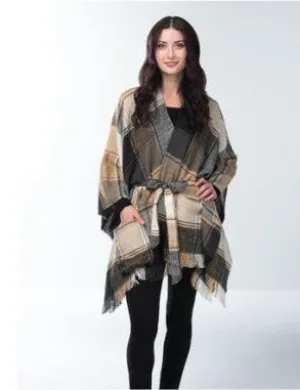 Ganz Plaid Belted Wrap - Taupe