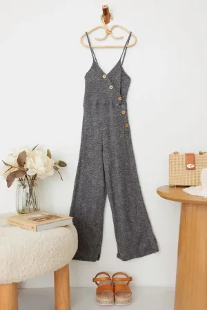 Girls Sleeveless Front Button Up Knit Jumpsuit