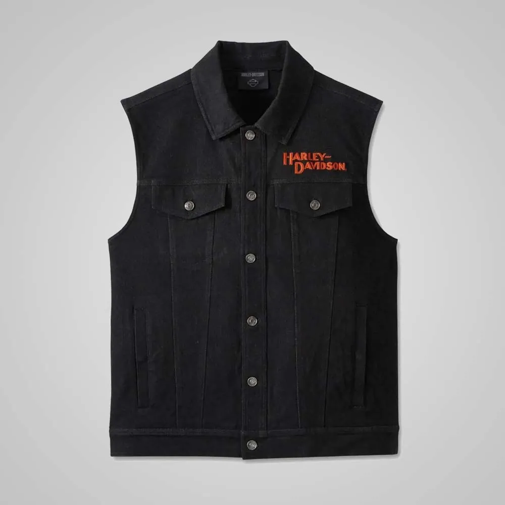 Harley-Davidson Men’s Black Denim Vest with Embroidered Whiplash Logo