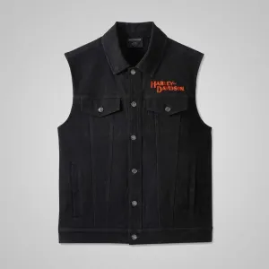 Harley-Davidson Men’s Black Denim Vest with Embroidered Whiplash Logo