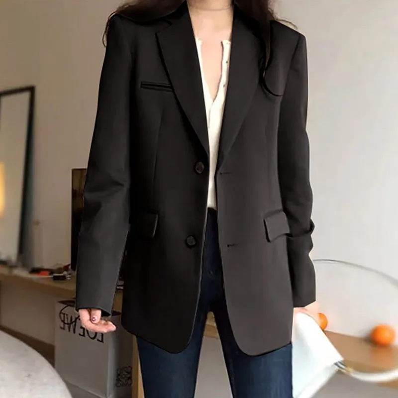 Joskaa Women Blazers Jacket Fall Winter 2024 Vintage Elegant Office Lady Long Sleeve Coats Button Up Notched Outwear Black