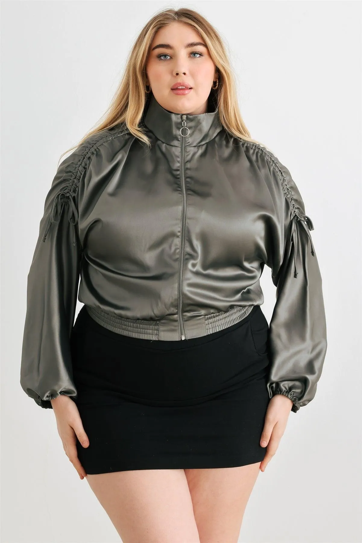 Junior Plus Olive Satin Zip-Up Ruched Long Sleeve Cropped Bomber Jacket /1-1-1