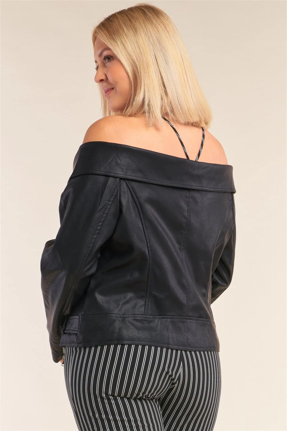 Junior Plus Size Black Vegan Leather Off-The-Shoulder Oblique Zipper Belted Cropped Jacket /2-2-2